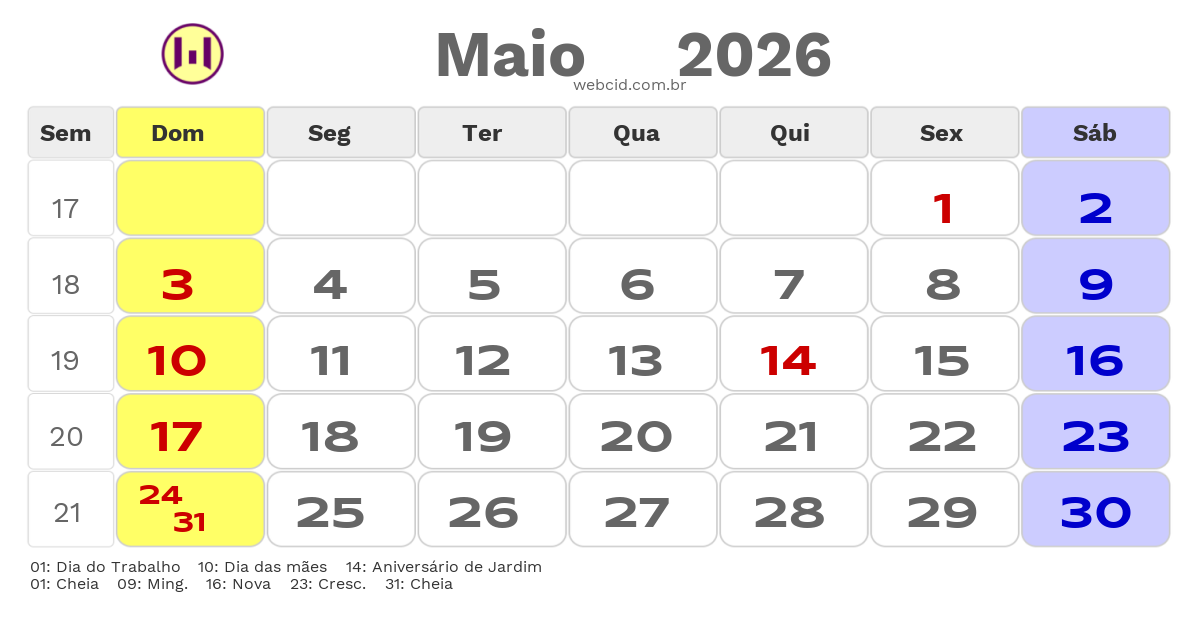 Calendário 2026 - Maio - Jardim-MS com feriados e fases da lua