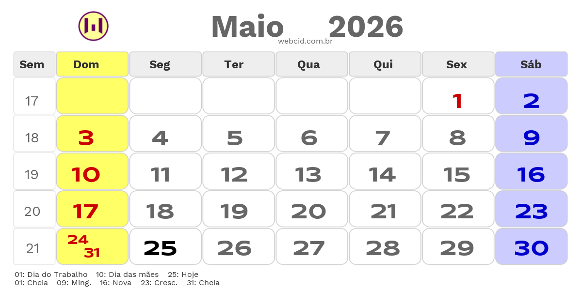 Calendário 2026 - Maio - Conselheiro Lafaiete-MG com feriados e fases da lua