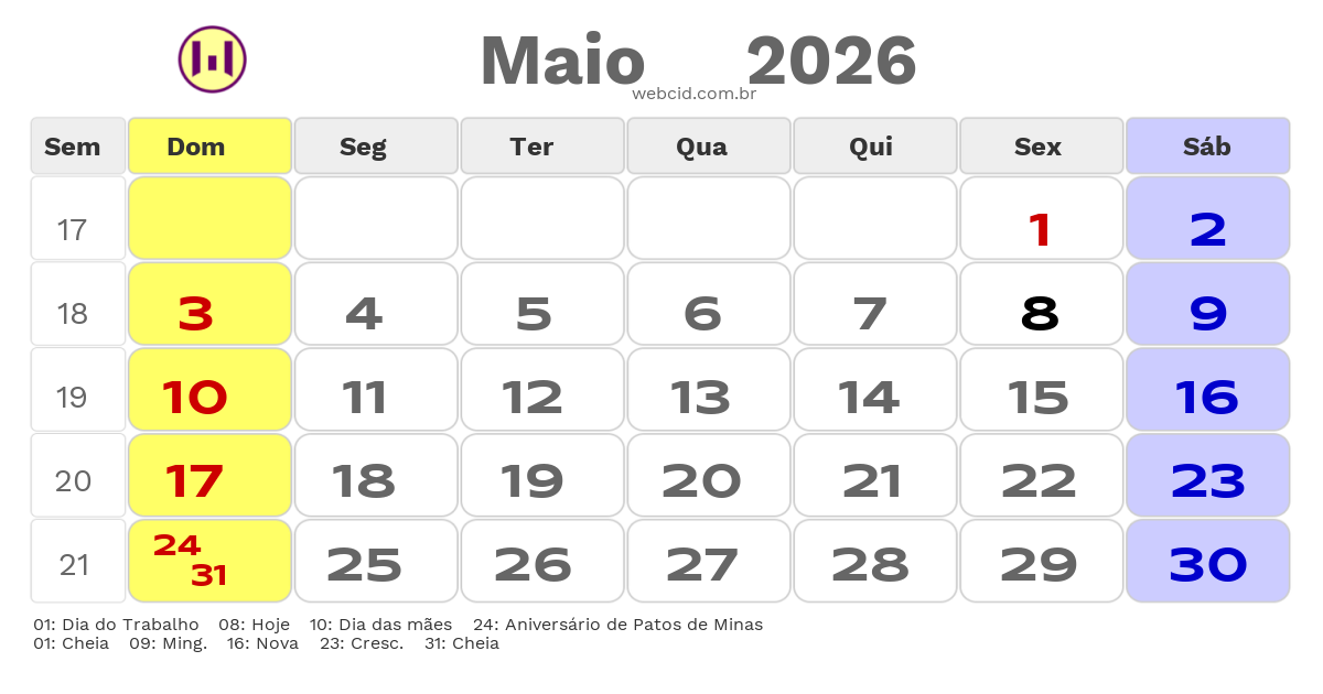 Calendário 2026 - Maio - Patos de Minas-MG com feriados e fases da lua
