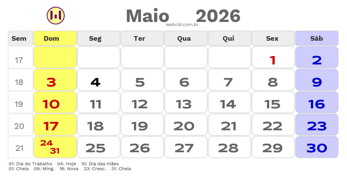 Calendário 2026 - Maio - Raul Soares-MG com feriados e fases da lua