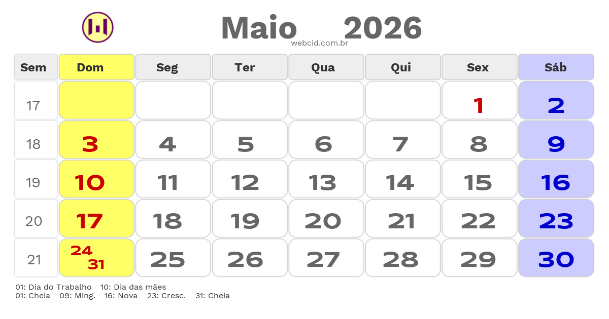 Calendário 2026 - Maio - Ribeirão das Neves-MG com feriados e fases da lua