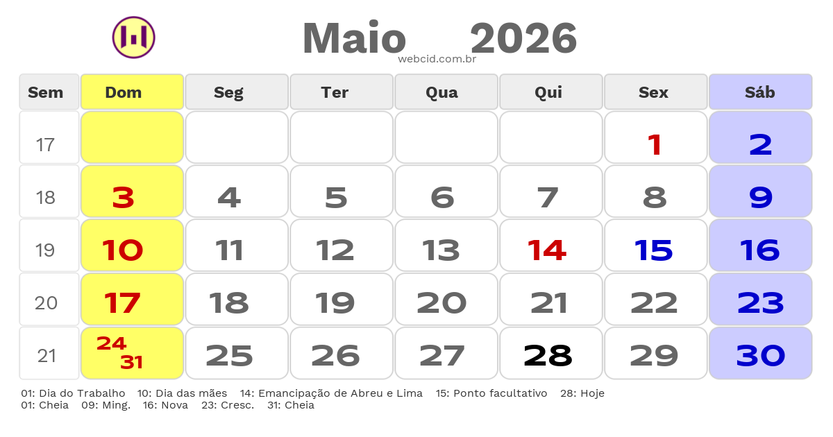 Calendário 2026 - Maio - Abreu e Lima-PE com feriados e fases da lua