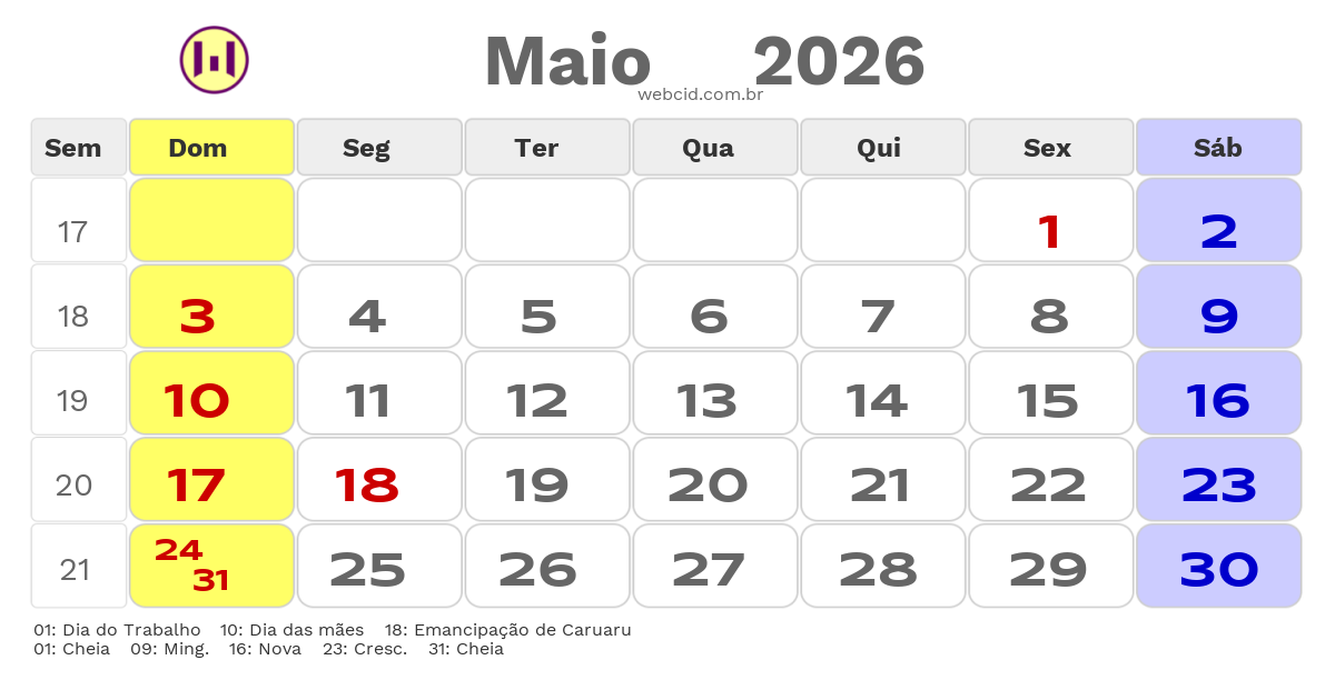 Calendário 2026 - Maio - Caruaru-PE com feriados e fases da lua