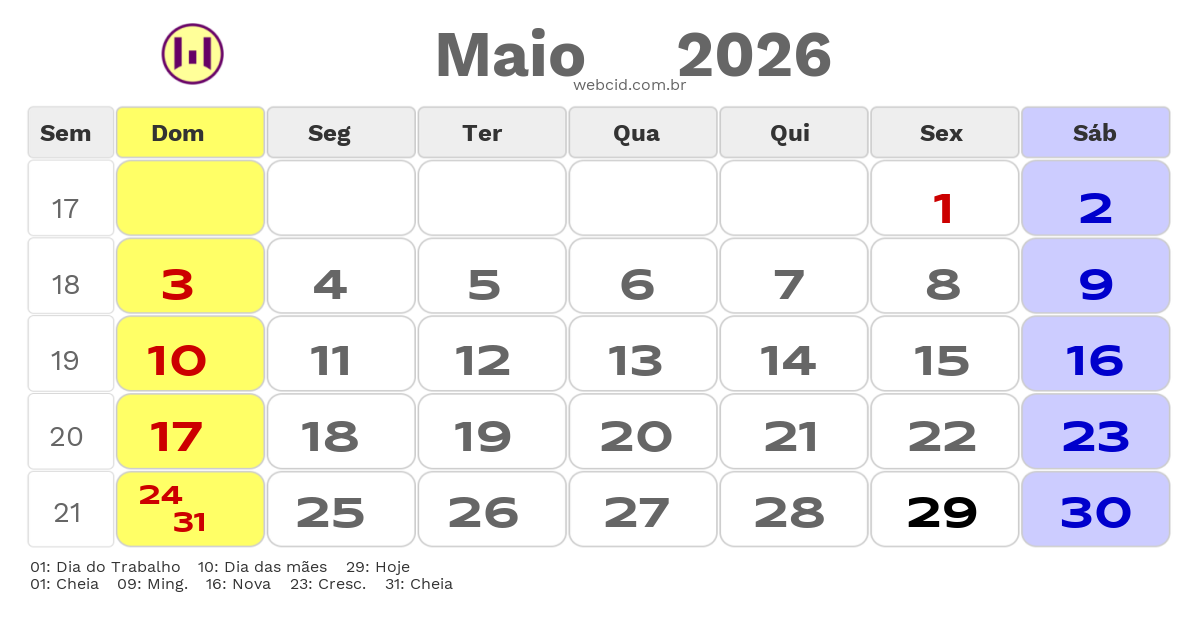 Calendário 2026 - Maio - Ipojuca-PE com feriados e fases da lua