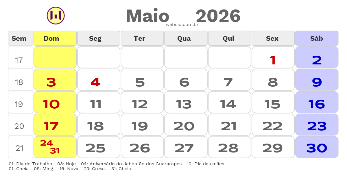 Calendário 2026 - Maio - Jaboatão dos Guararapes-PE com feriados e fases da lua