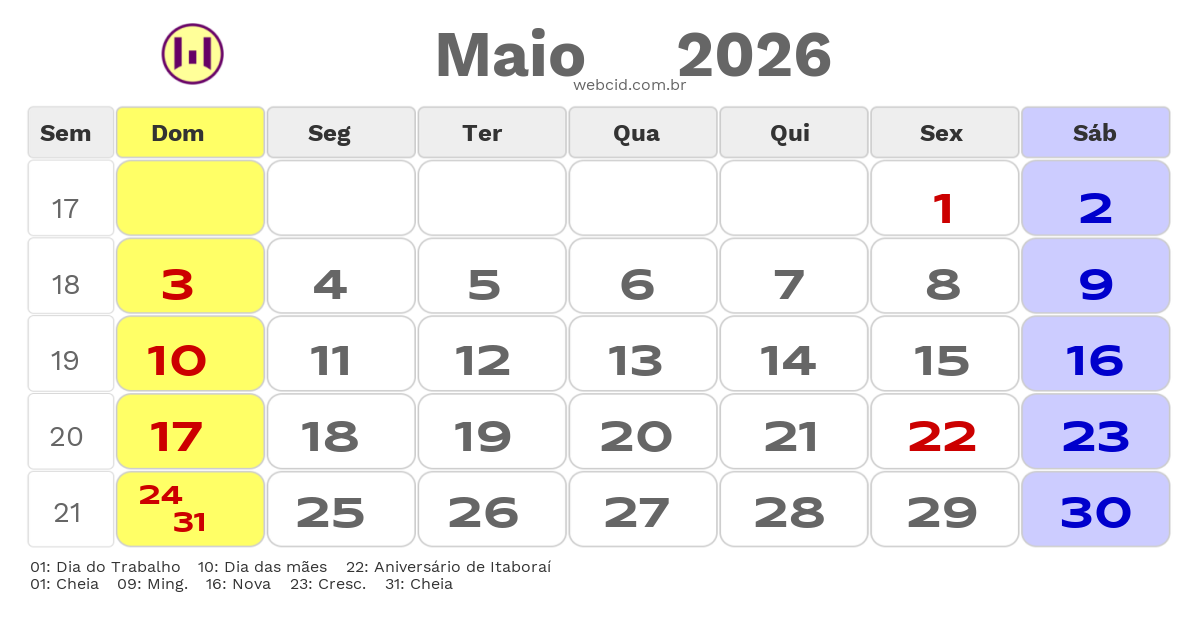 Calendário 2026 - Maio - Itaboraí-RJ com feriados e fases da lua