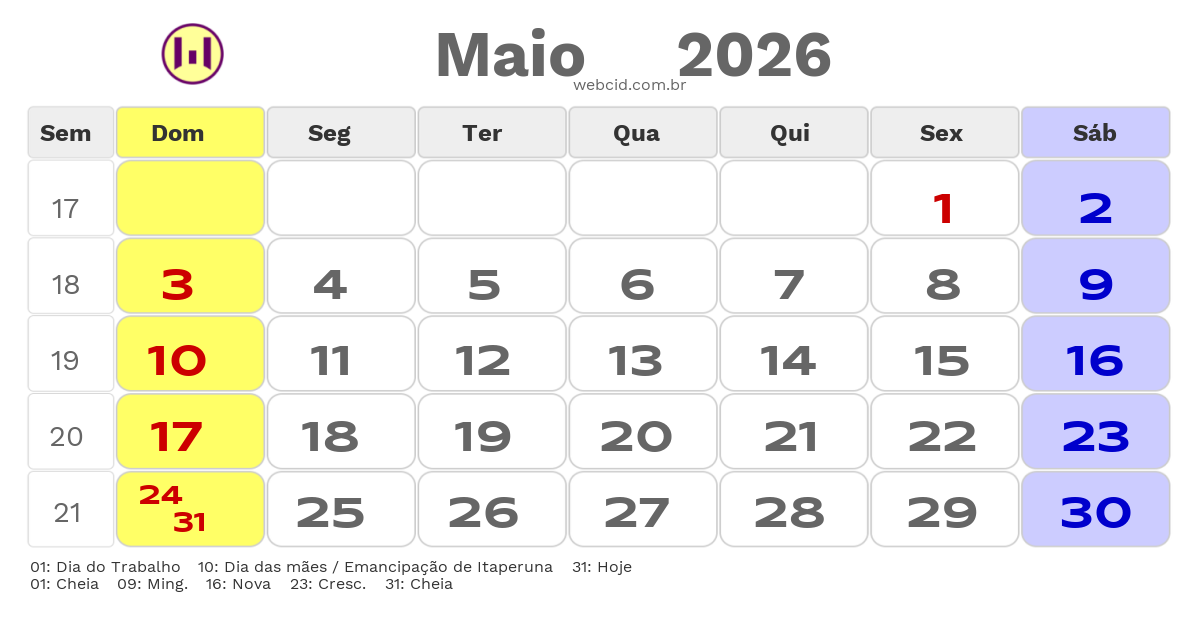 Calendário 2026 - Maio - Itaperuna-RJ com feriados e fases da lua