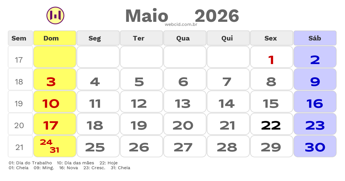 Calendário 2026 - Maio - Alto do Rodrigues-RN com feriados e fases da lua