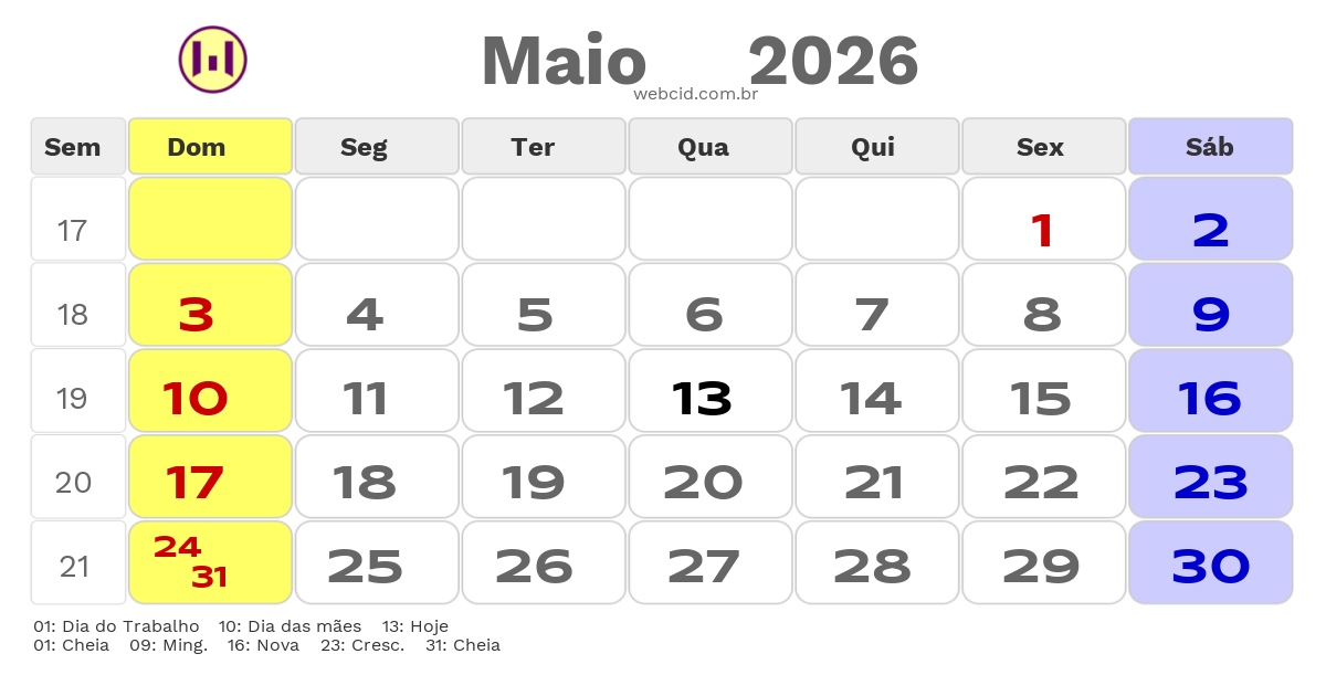Calendário 2026 - Maio - Carnauba dos Dantas-RN com feriados e fases da lua