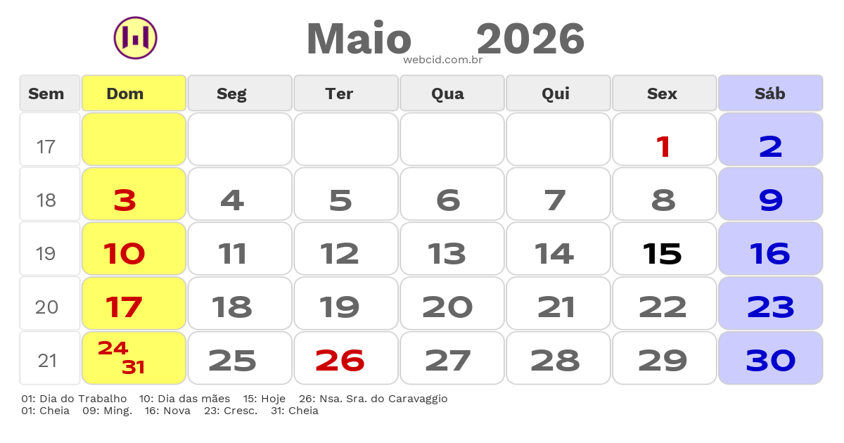 Calendário 2026 - Maio - Caxias do Sul-RS com feriados e fases da lua