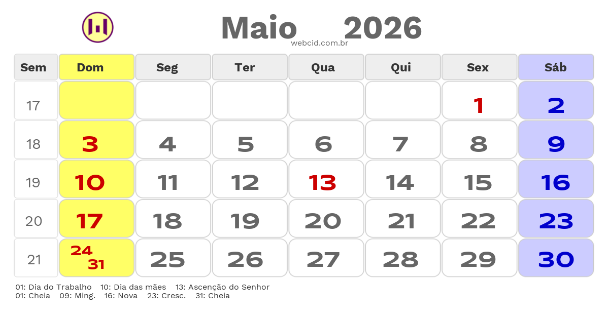 Calendário 2026 - Maio - Gramado-RS com feriados e fases da lua