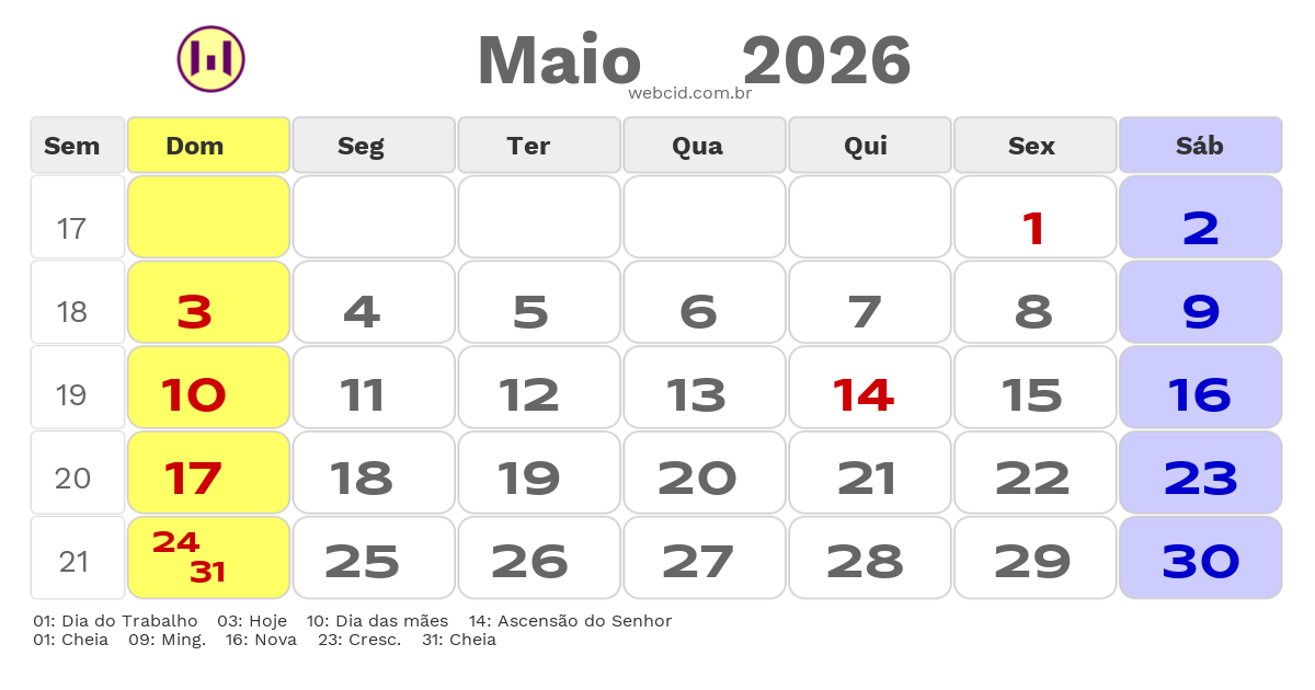 Calendário 2026 - Maio - Novo Hamburgo-RS com feriados e fases da lua