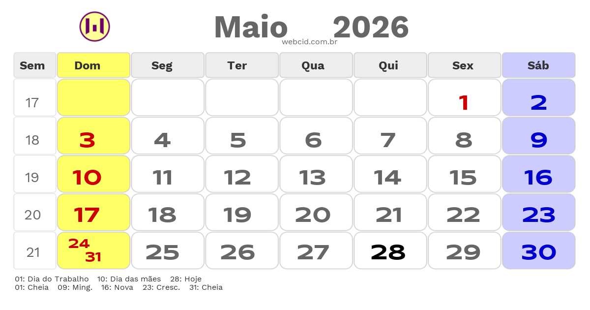 Calendário 2026 - Maio - Rio do Sul-SC com feriados e fases da lua