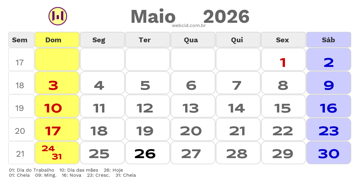 Calendário 2026 - Maio - Xaxim-SC com feriados e fases da lua