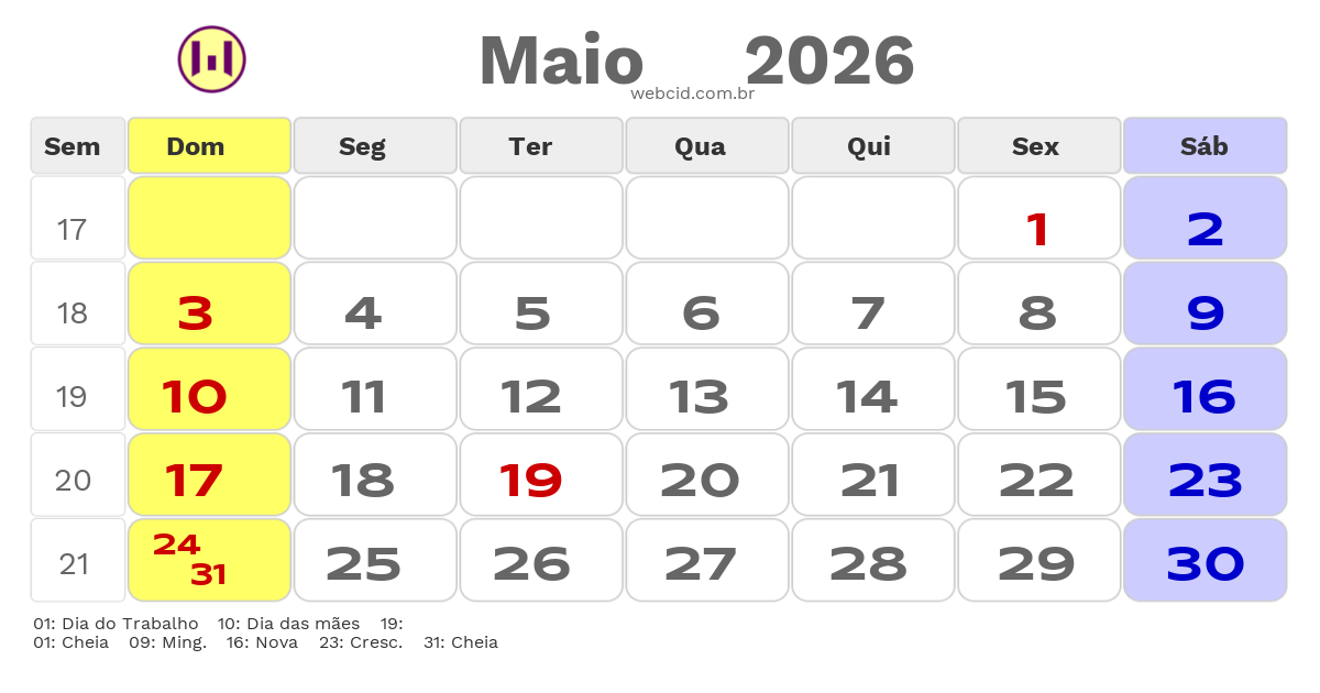 Calendário 2026 - Maio - Bertioga-SP com feriados e fases da lua