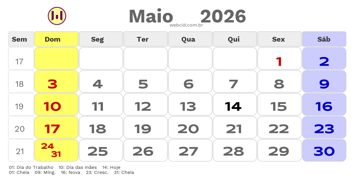 Calendário 2026 - Maio - Dobrada-SP com feriados e fases da lua