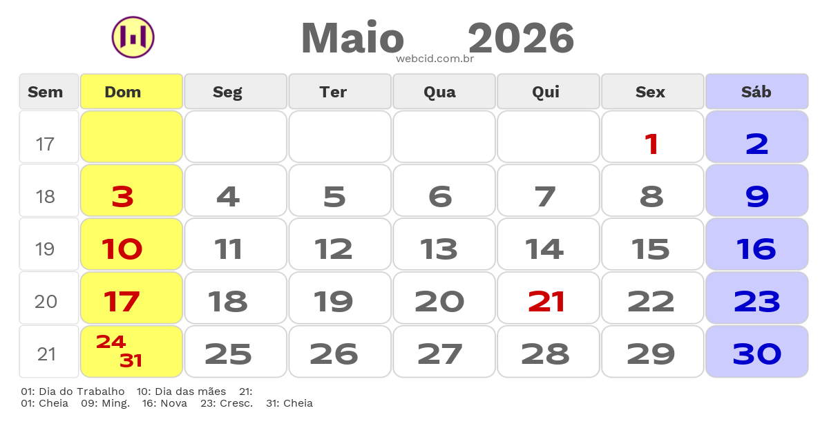 Calendário 2026 - Maio - Jumirim-SP com feriados e fases da lua