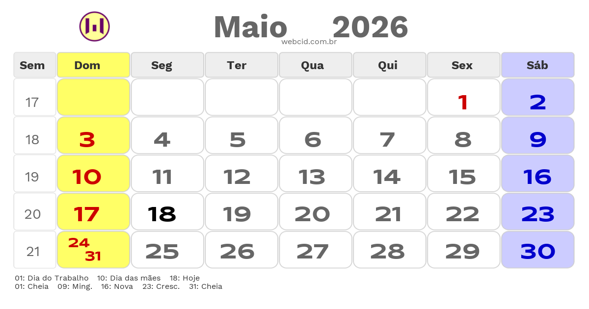 Calendário 2026 - Maio - Mogi das Cruzes-SP com feriados e fases da lua