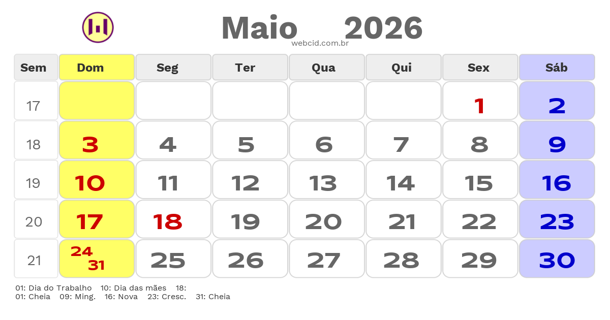 Calendário 2026 - Maio - Piratininga-SP com feriados e fases da lua