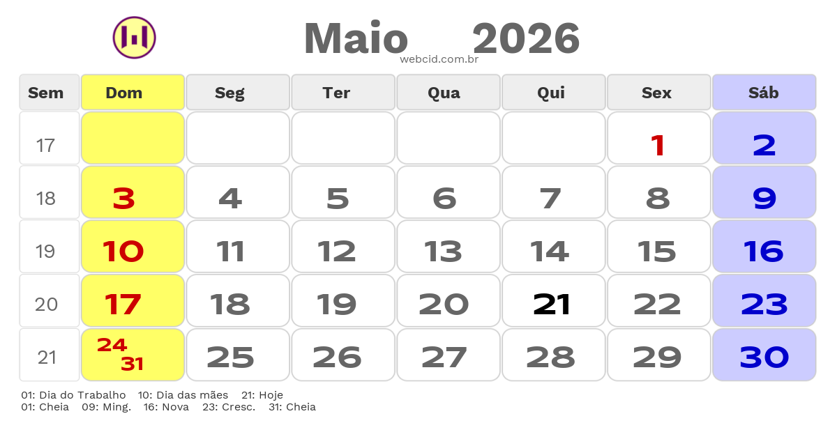 Calendário 2026 - Maio - Santos-SP com feriados e fases da lua