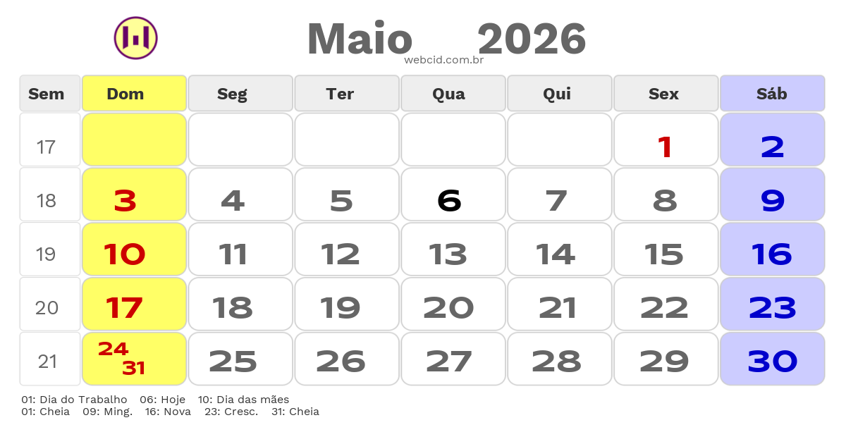 Calendário 2026 - Maio - São Bernardo do Campo-SP com feriados e fases da lua