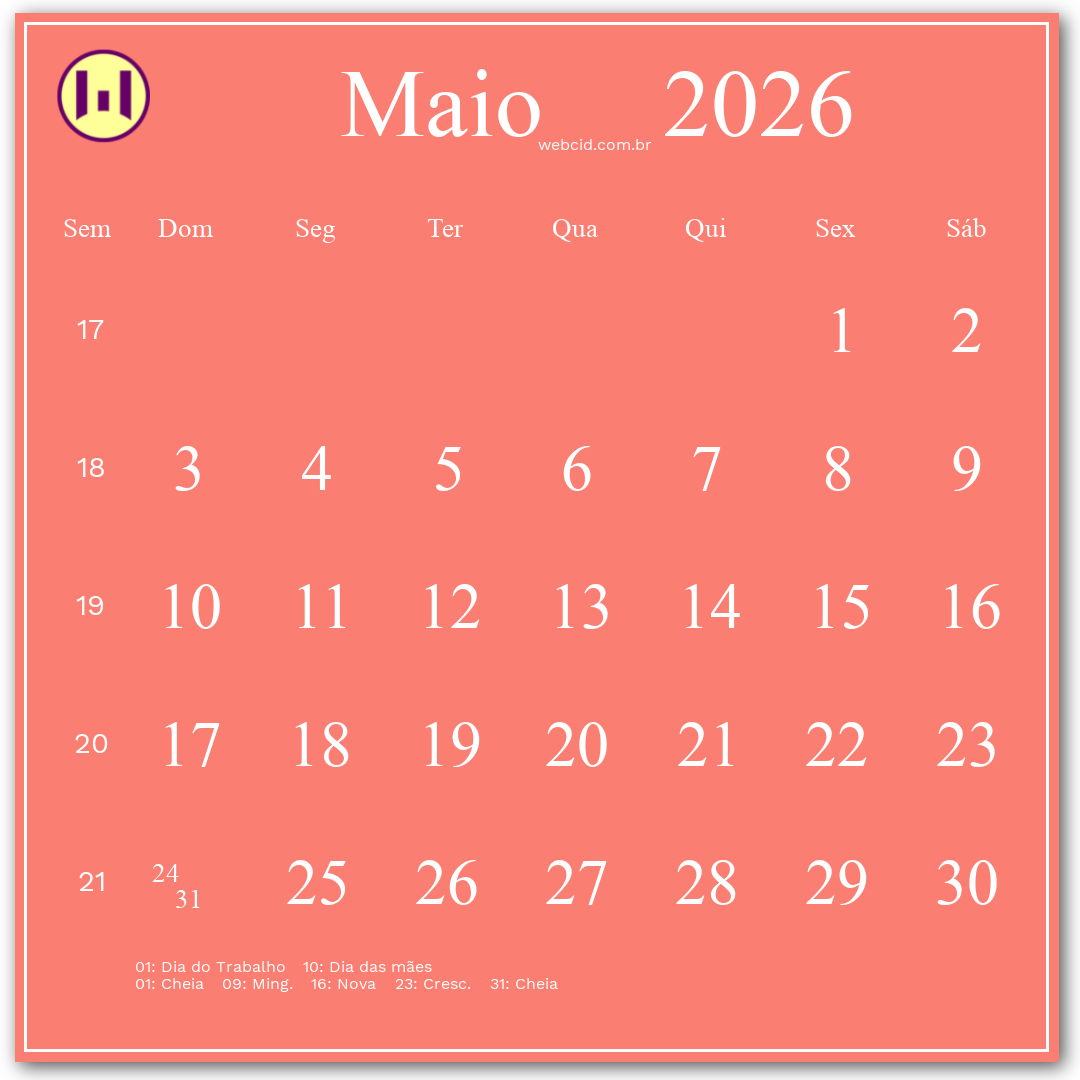 Calendário 2026 - Maio - Brasil com feriados e fases da lua