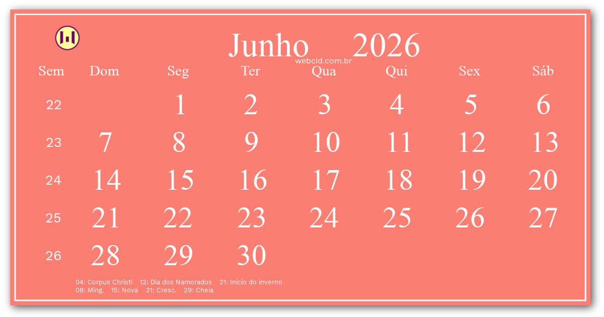 Calendário 2026 - Junho - Brasil com feriados e fases da lua