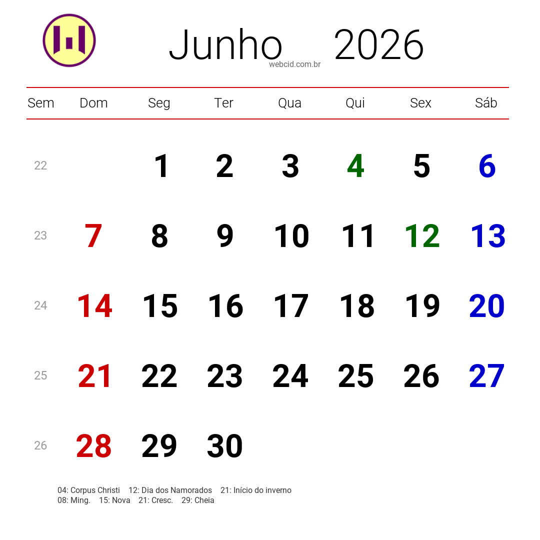 Calendário 2026 - Junho - Brasil com feriados e fases da lua
