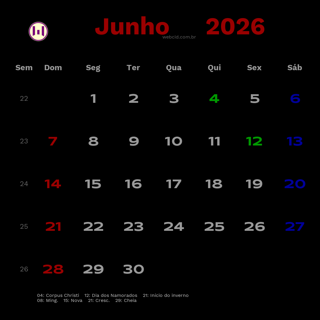 Calendário 2026 - Junho - Brasil com feriados e fases da lua