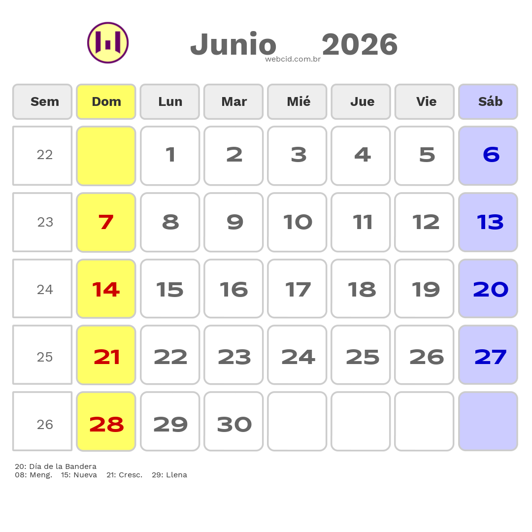 Calendario 2026 - Junio - Argentina com feriados e fases da lua
