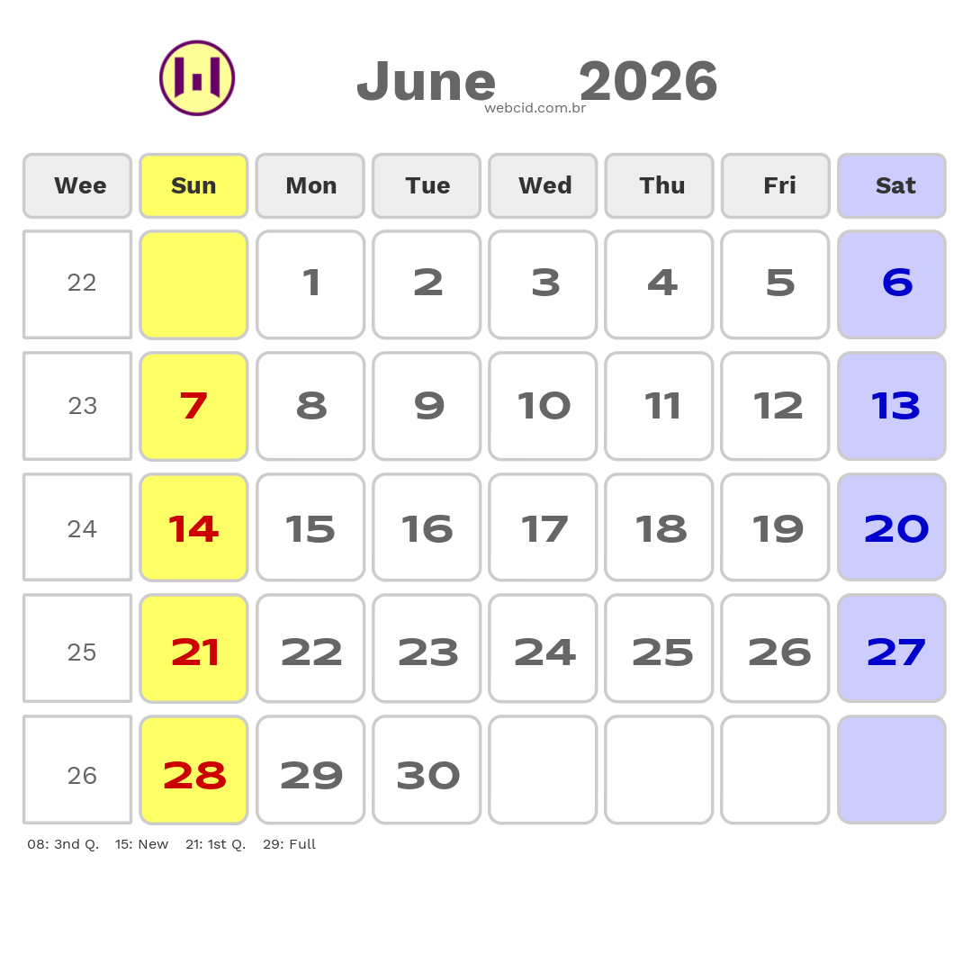 Calendar 2026 - June - Austrália com feriados e fases da lua