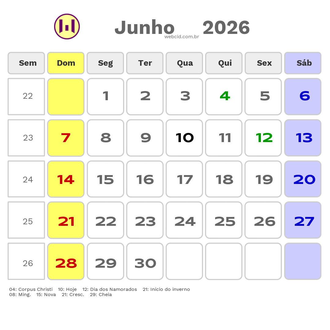 Calendário 2026 - Junho - Iraquara-BA com feriados e fases da lua