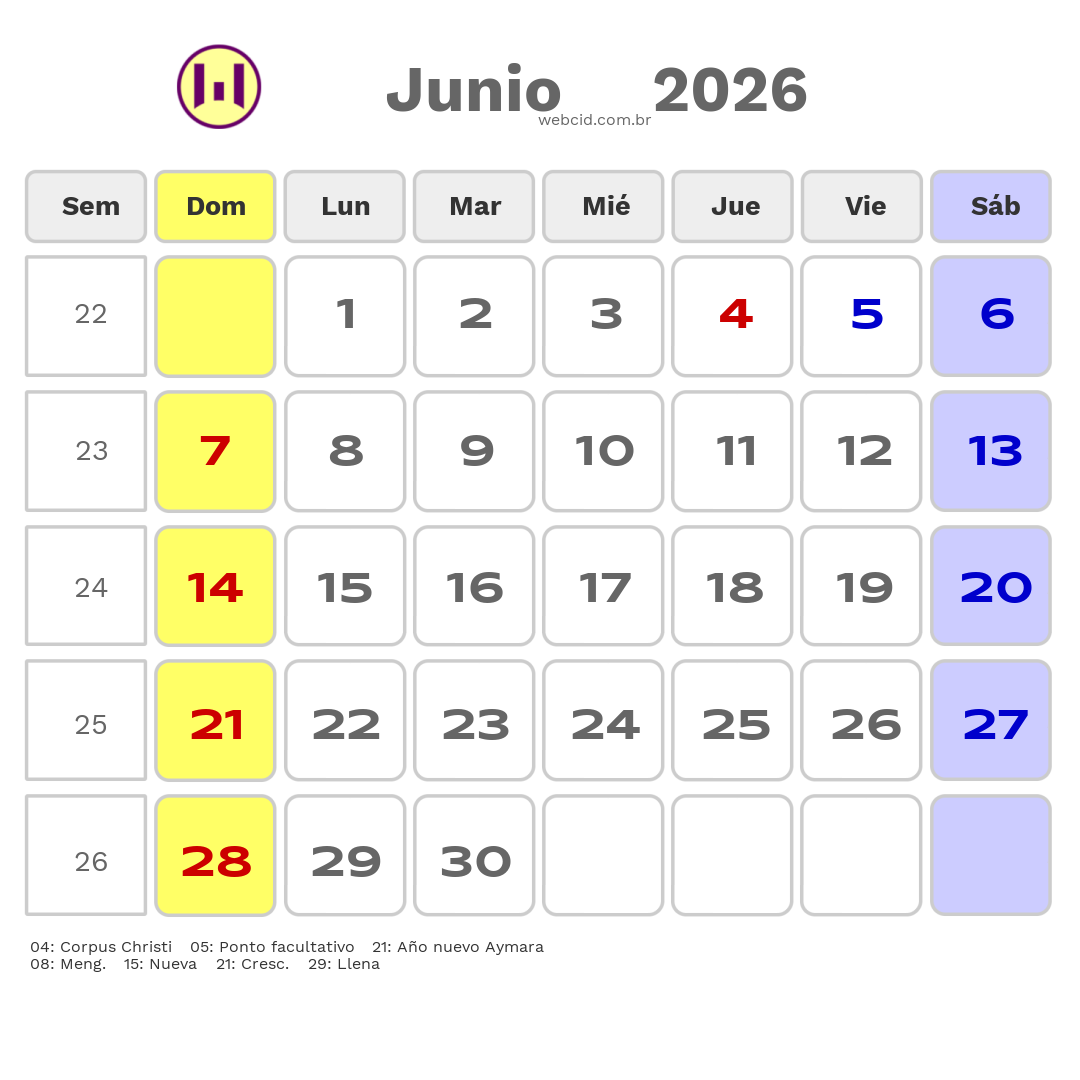 Calendario 2026 - Junio - Bolívia com feriados e fases da lua