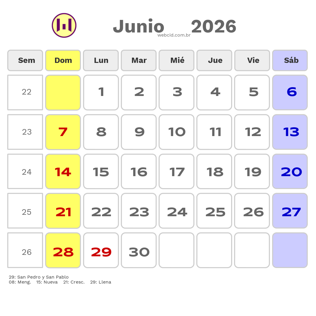 Calendario 2026 - Junio - Chile com feriados e fases da lua