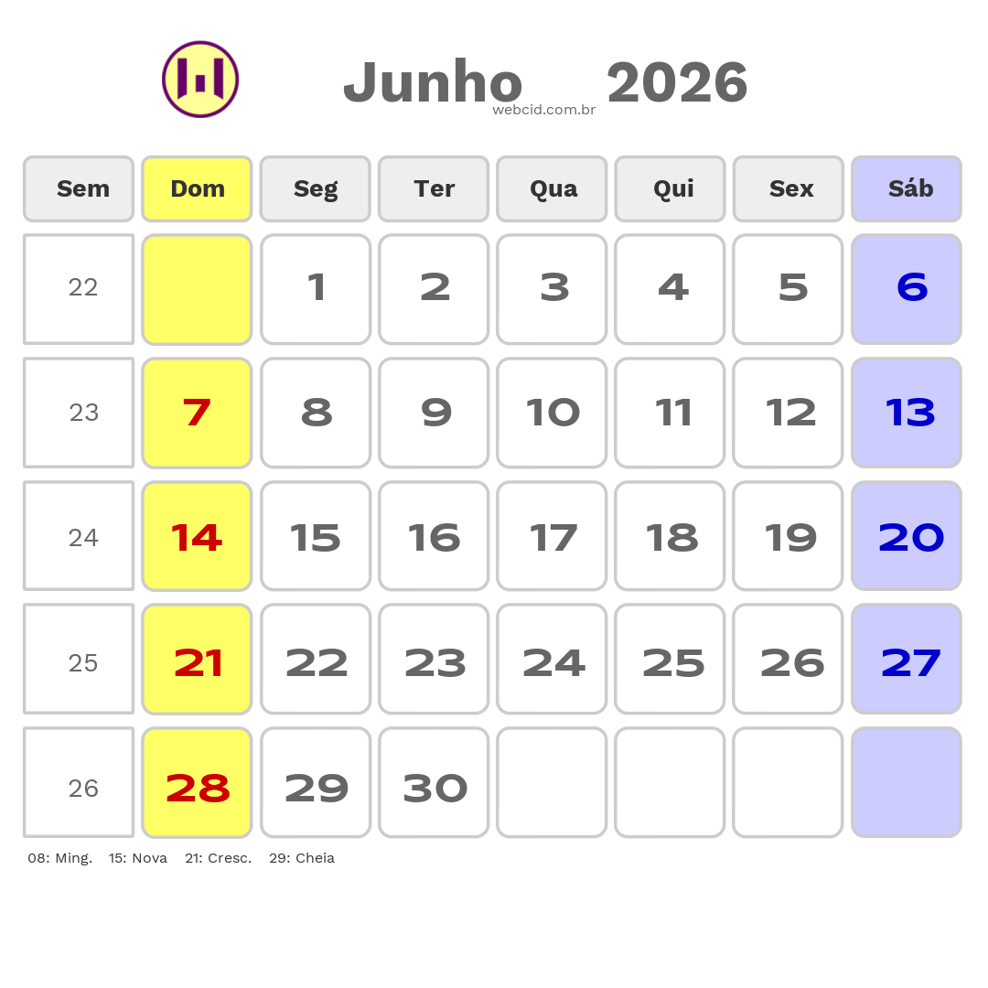 Calendário 2026 - Junho - Copa do Mundo FIFA com feriados e fases da lua
