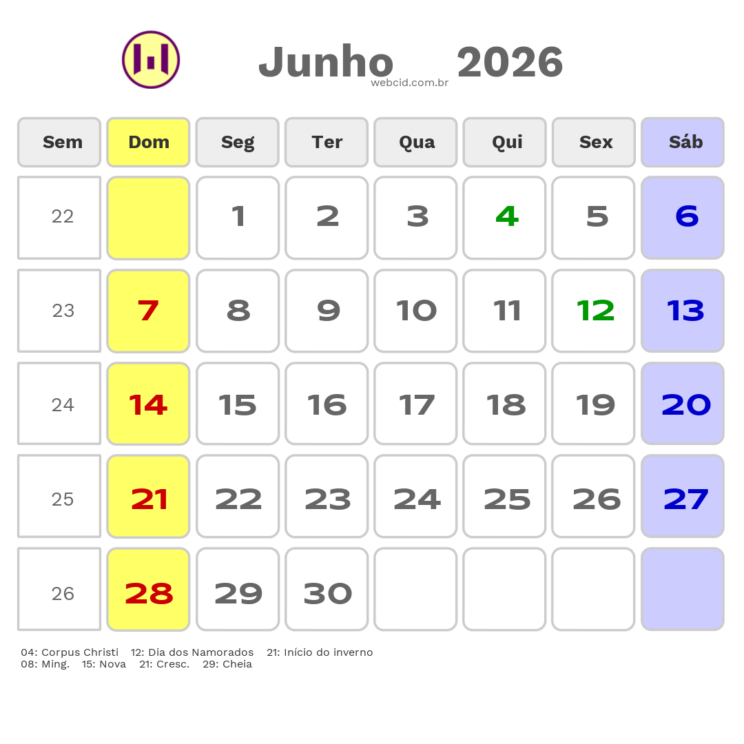 Calendário 2026 - Junho - Santa Maria de Jetibá-ES com feriados e fases da lua