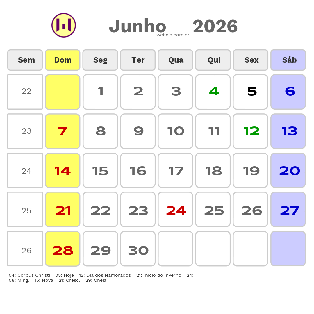 Calendário 2026 - Junho - Goianesia-GO com feriados e fases da lua