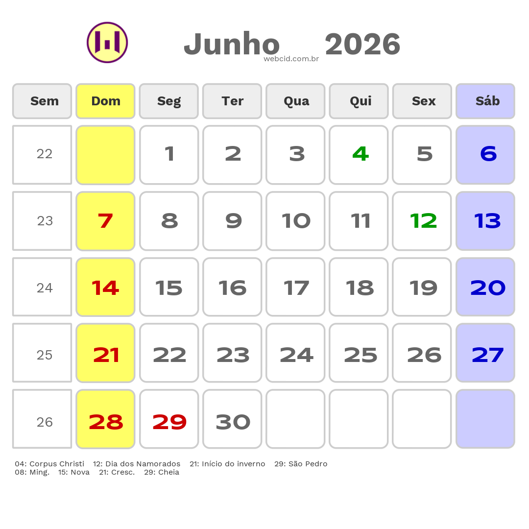 Calendário 2026 - Junho - Chapadão do Sul-MS com feriados e fases da lua