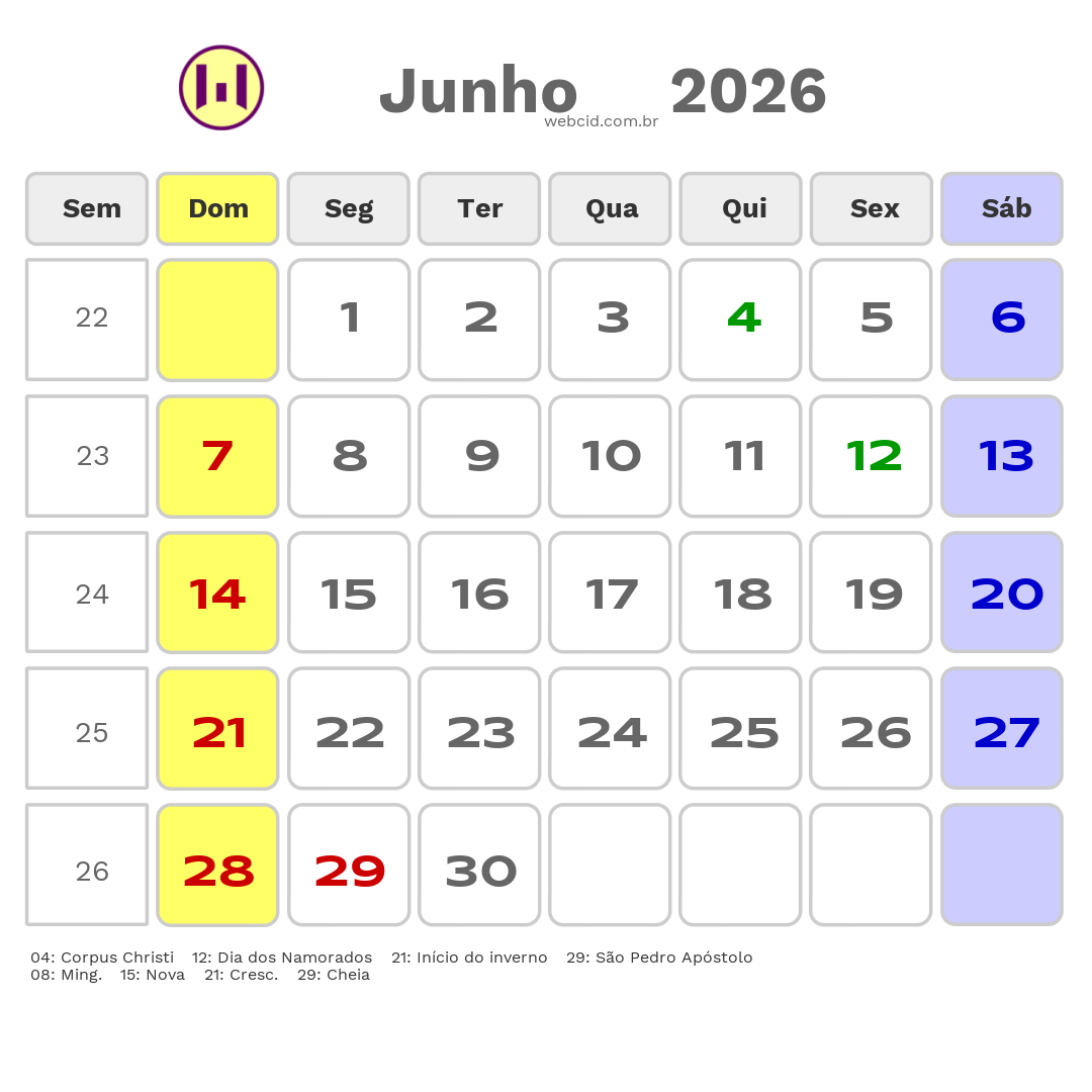 Calendário 2026 - Junho - Sorriso-MT com feriados e fases da lua