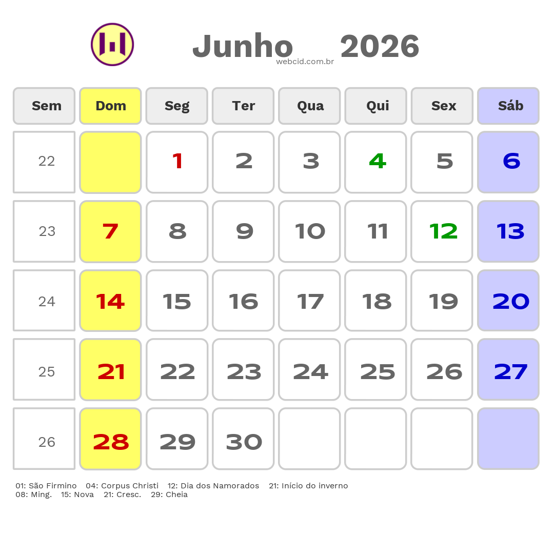 Calendário 2026 - Junho - Divinópolis-MG com feriados e fases da lua