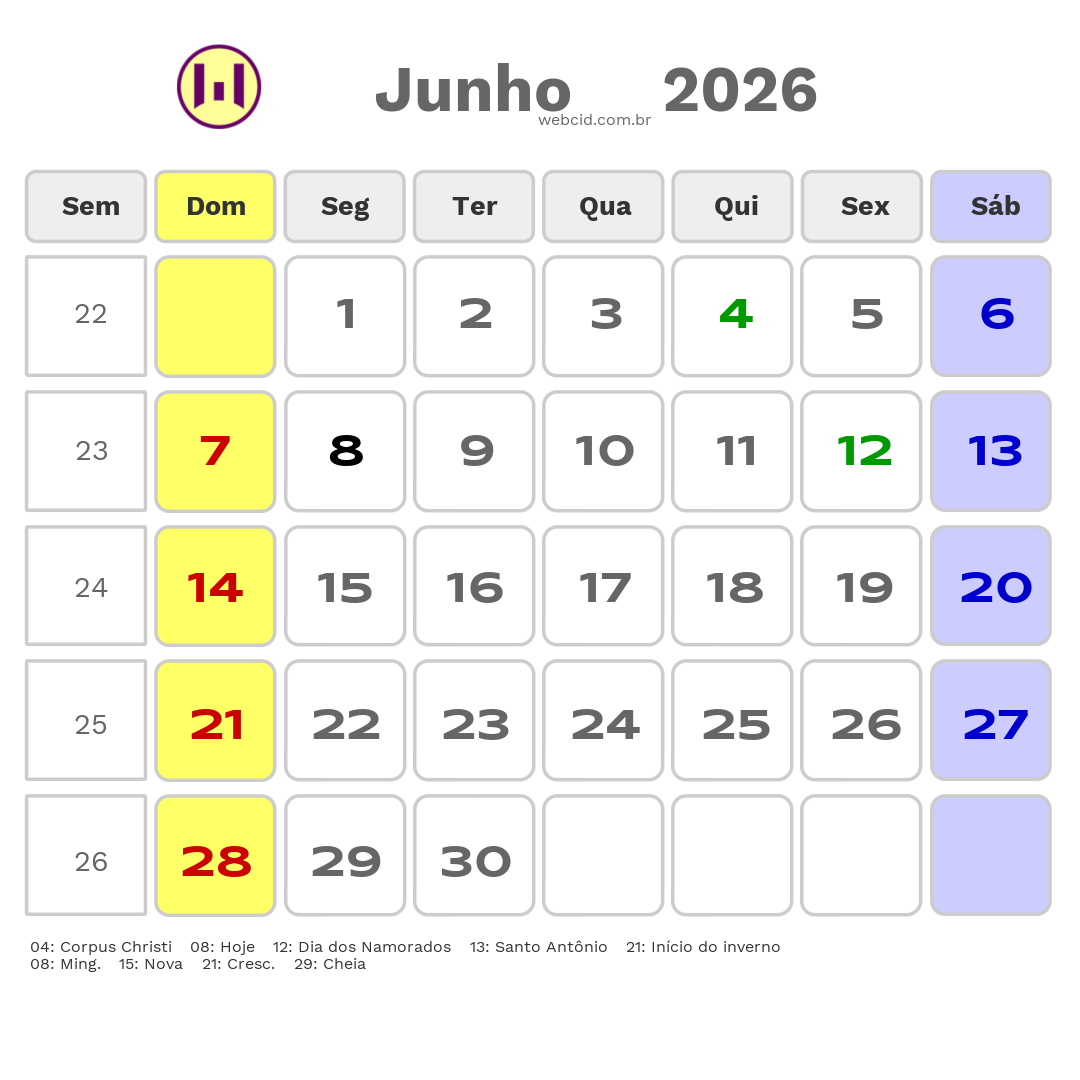 Calendário 2026 - Junho - Governador Valadares-MG com feriados e fases da lua