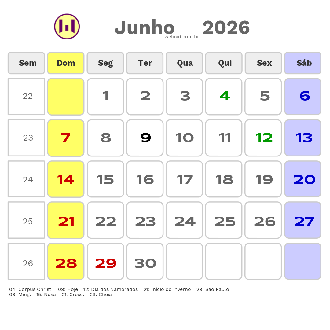 Calendário 2026 - Junho - Muriaé-MG com feriados e fases da lua