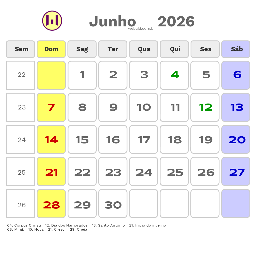 Calendário 2026 - Junho - Patos de Minas-MG com feriados e fases da lua