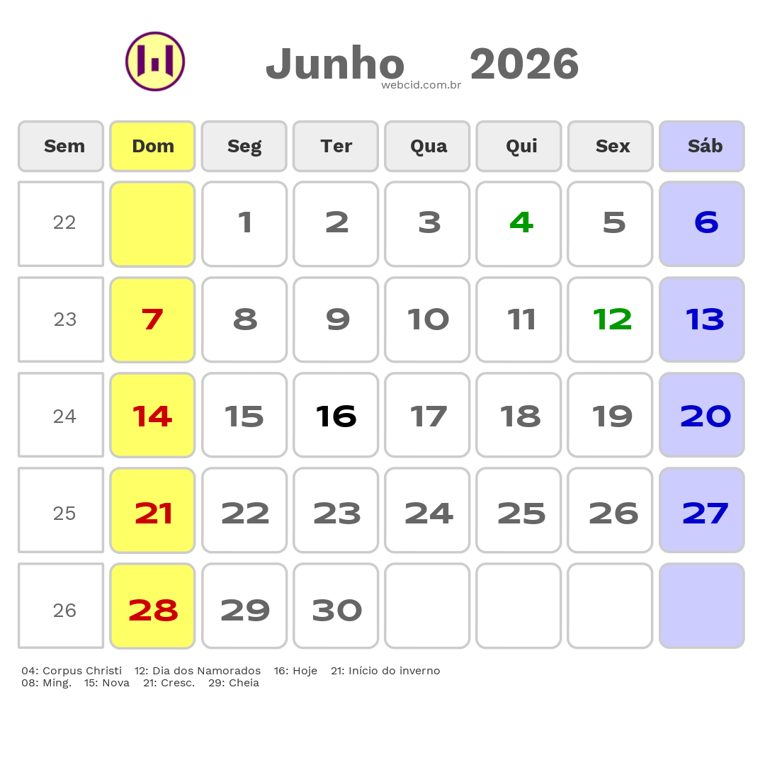 Calendário 2026 - Junho - Uberaba-MG com feriados e fases da lua