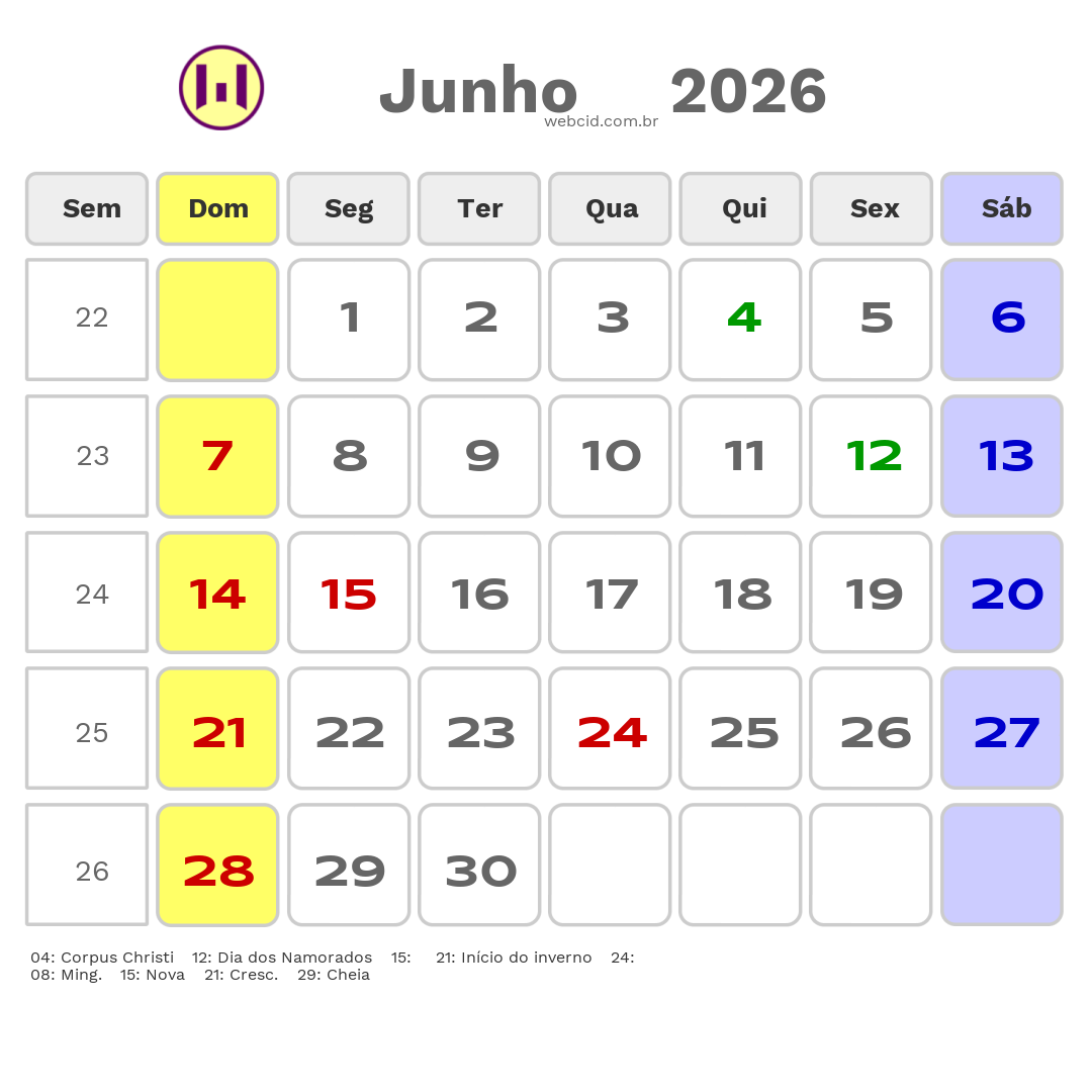 Calendário 2026 - Junho - Jacarau-PB com feriados e fases da lua