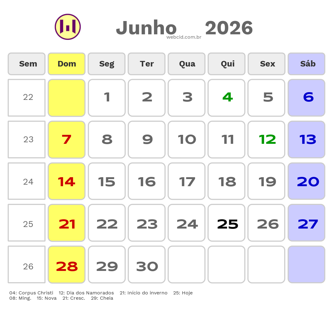 Calendário 2026 - Junho - Mangueirinha-PR com feriados e fases da lua