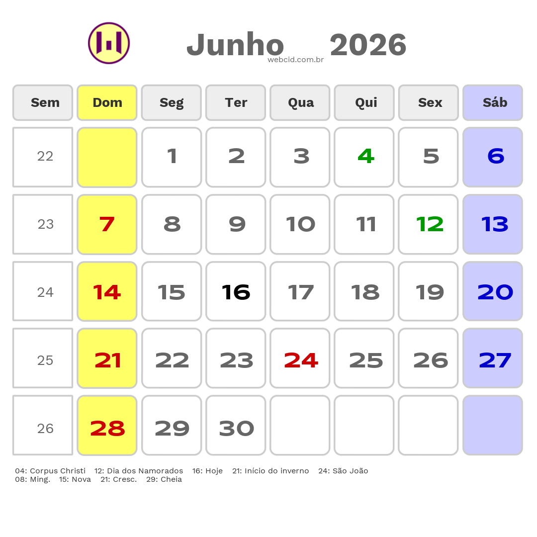 Calendário 2026 - Junho - Aliança-PE com feriados e fases da lua