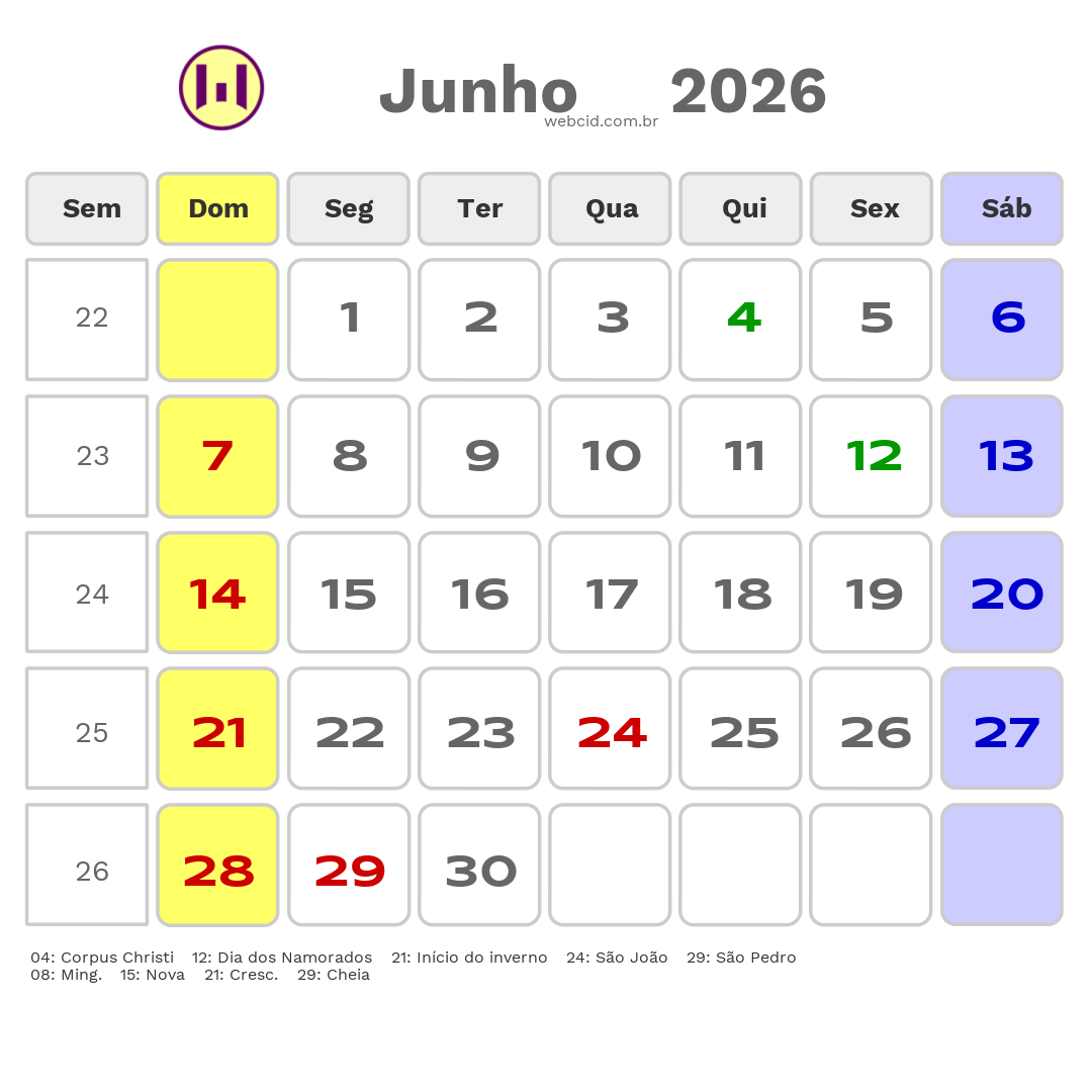 Calendário 2026 - Junho - Caruaru-PE com feriados e fases da lua