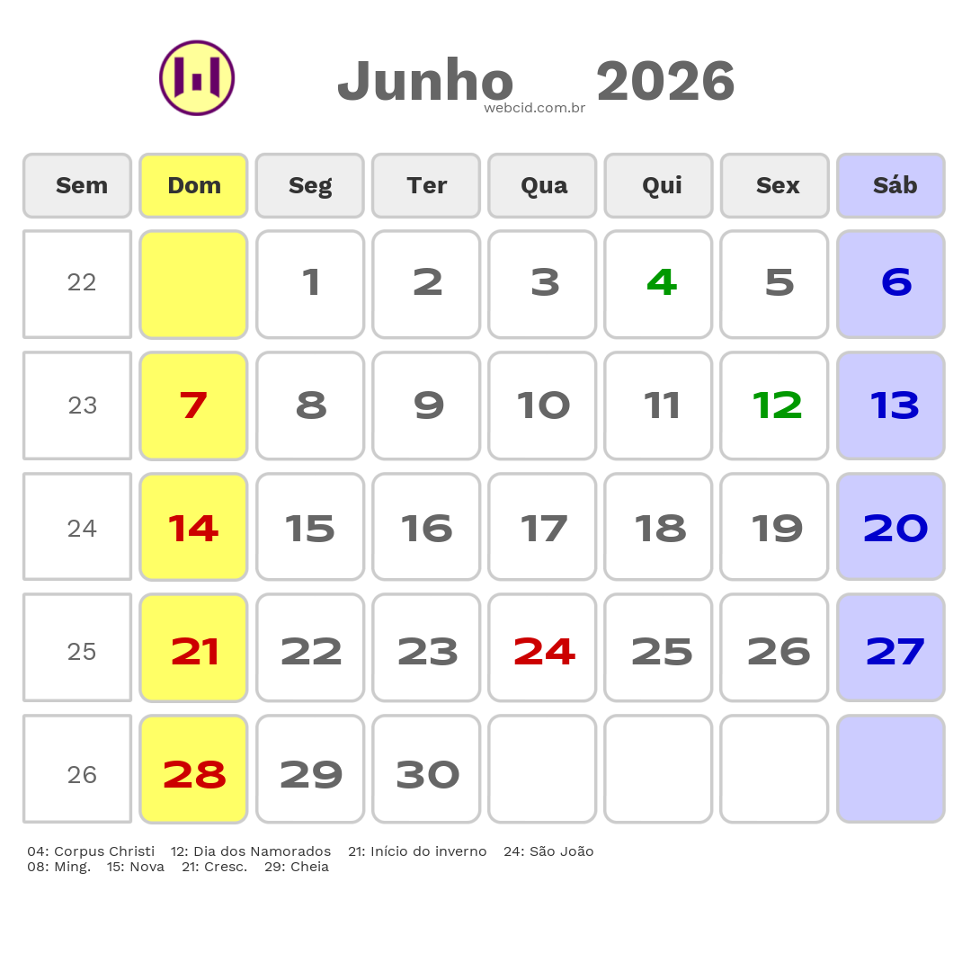 Calendário 2026 - Junho - Olinda-PE com feriados e fases da lua
