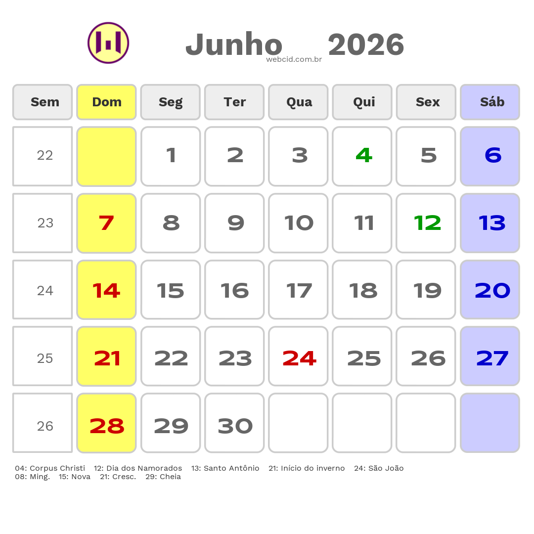 Calendário 2026 - Junho - Tacaimbó-PE com feriados e fases da lua